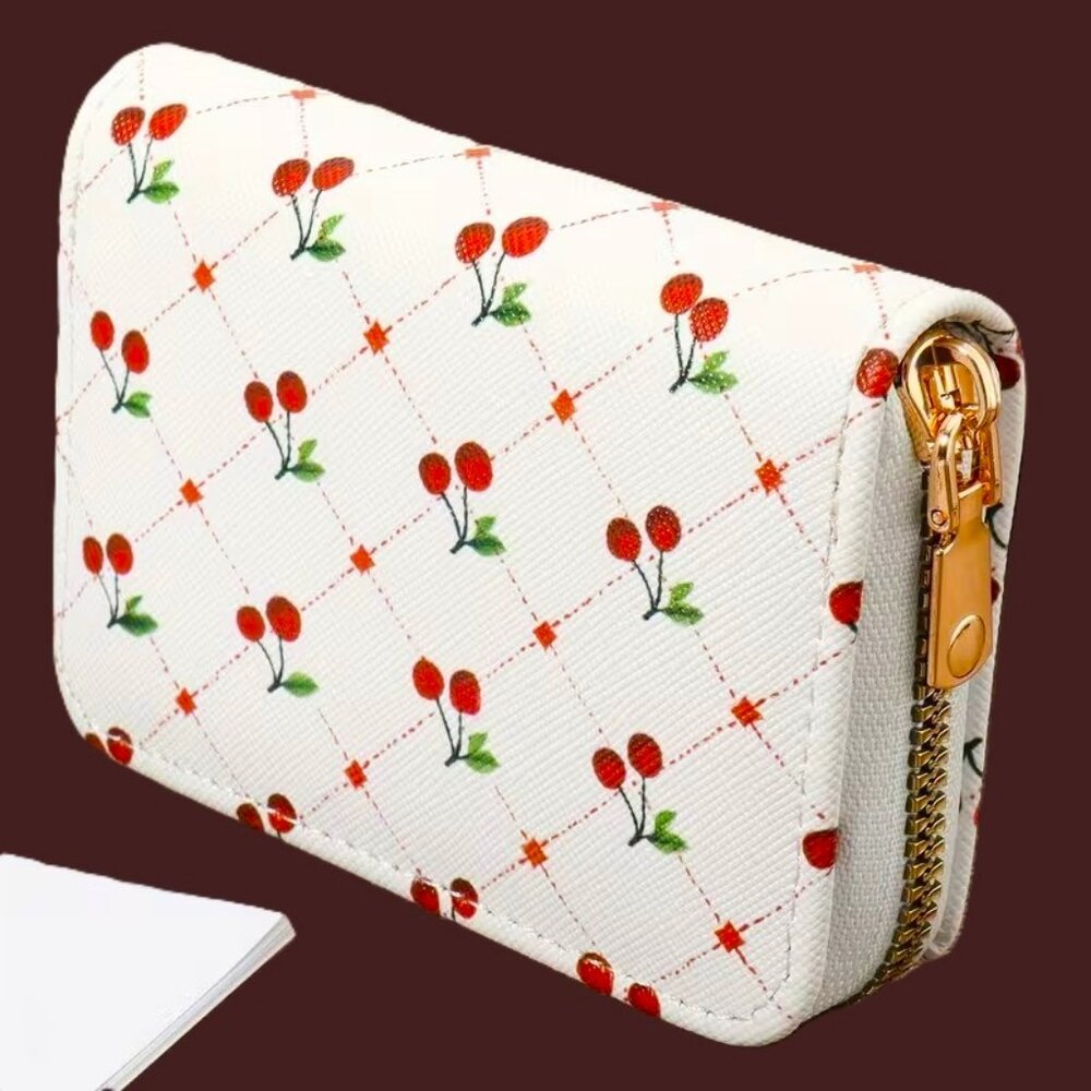 Cherry Print Zipper Card Holder Wallet Accordion Organizer Multi Slot Cute Mini - Picture 2 of 5